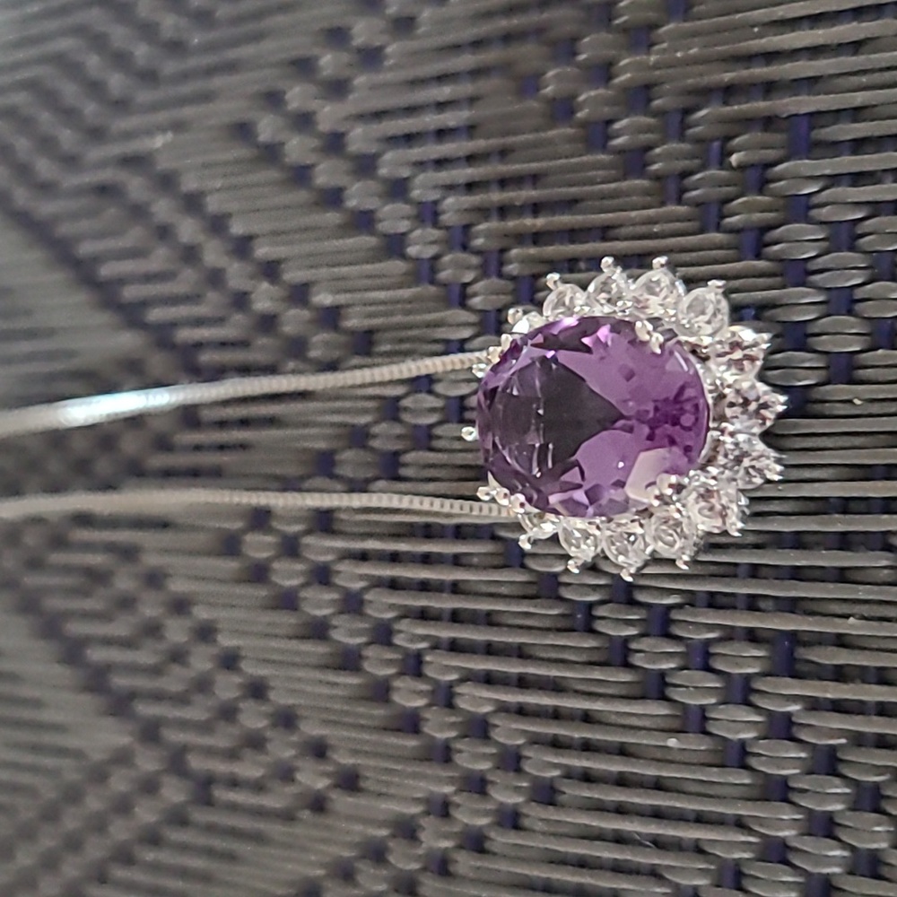 STERLING SILVER GENUINE AMETHYST PENDANT LAB CREATED WHITE SAPPHIRE APPROX 18."